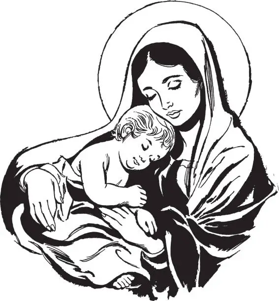 Vector illustration of Illustration of Virgin Mary holding baby Jesus