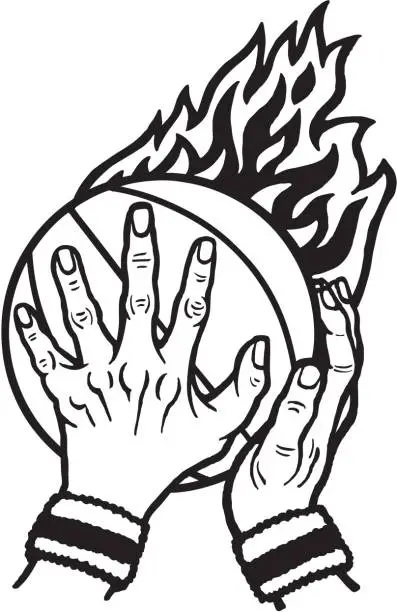 Vector illustration of Human hands holding basketball with flames