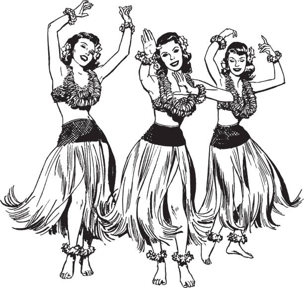 Illustration of three women hula dancing Illustration of three women hula dancing hula dancer stock illustrations