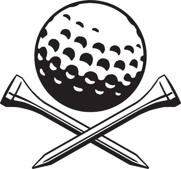 ilustraciones, imágenes clip art, dibujos animados e iconos de stock de vista de la pelota de golf con el soporte de la bola de golf cruzado debajo - pelota de golf