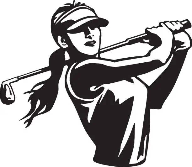 Vector illustration of Young woman playing golf