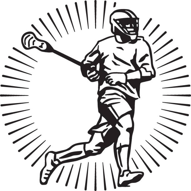 ansicht eines mannes, der lacrosse spielt - lacrosse stock-grafiken, -clipart, -cartoons und -symbole