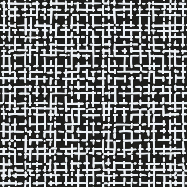 Monochrome abstract check seamless repeat pattern. White distructed grid, vector twill plaid all over surface print on black background. all over pattern stock illustrations