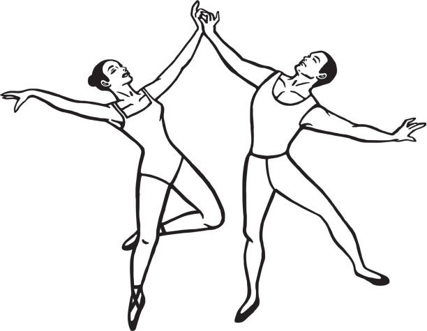 Two ballet dancers dancing together Two ballet dancers dancing together standing on one leg not exercising stock illustrations