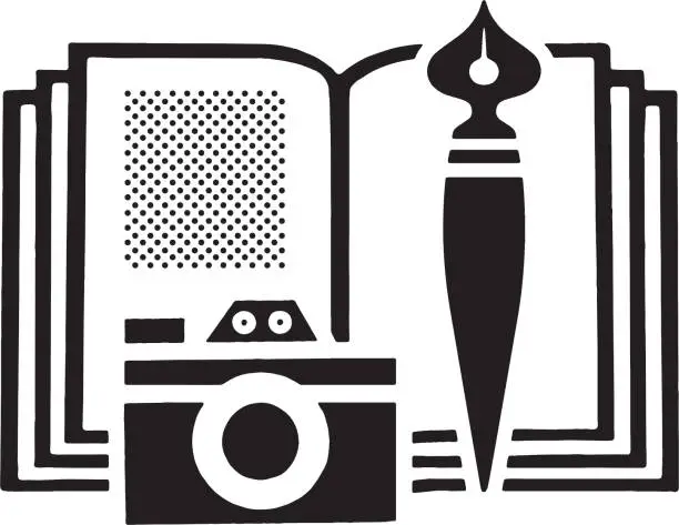 Vector illustration of Fountain pen and camera lying on top of open book