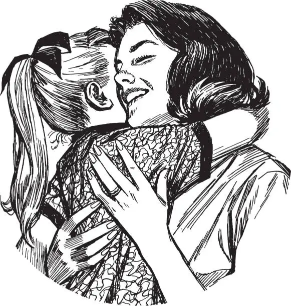 Vector illustration of Mother and daughter hugging each other