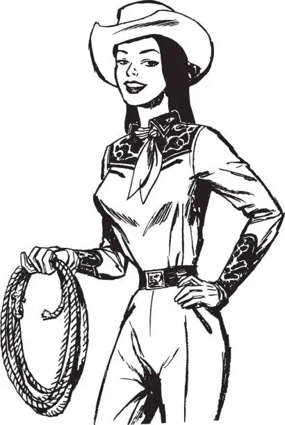 Vector illustration of Portrait of young cowgirl posing with lasso in hand