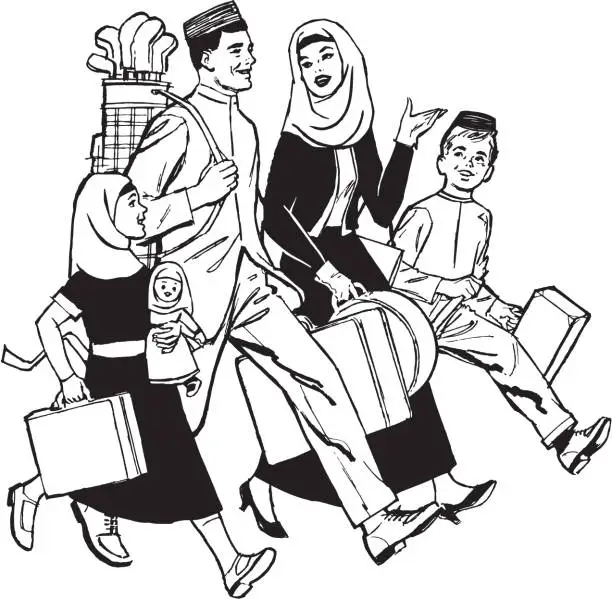 Vector illustration of Illustration of family walking with luggage