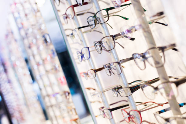 istock Glasses showcase in modern optic shop 1328178984