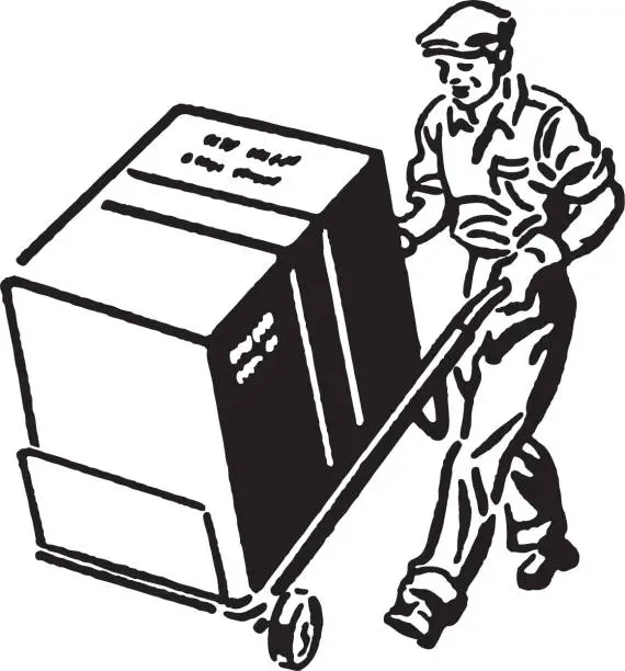 Vector illustration of Man Moving a Box on a Two Wheel Cart