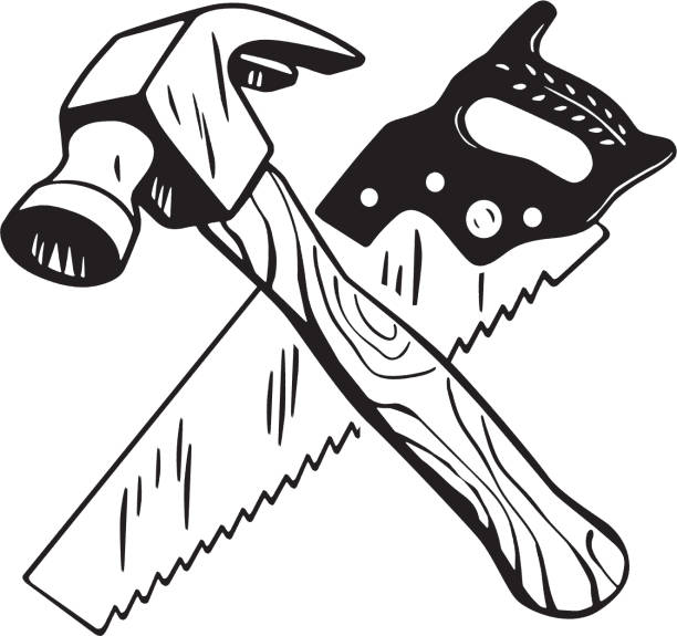 hammer und sah - home improvement hammer saw work tool stock-grafiken, -clipart, -cartoons und -symbole