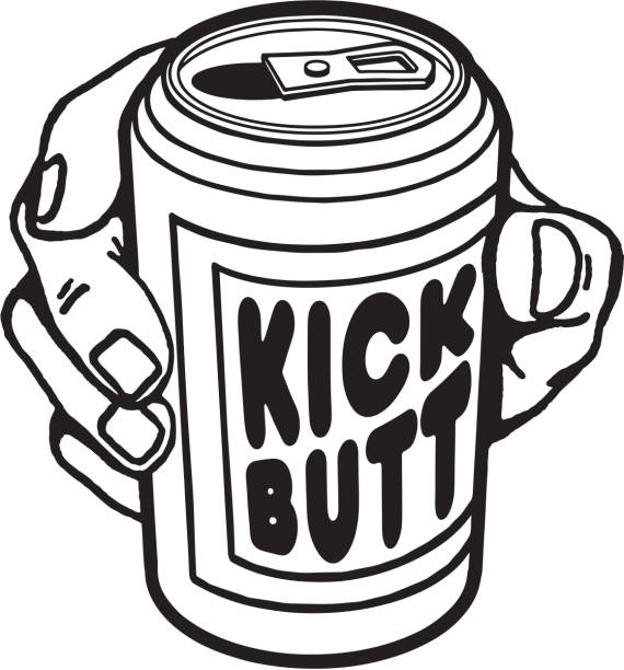 ilustrações, clipart, desenhos animados e ícones de lata de bebida kick butt - can