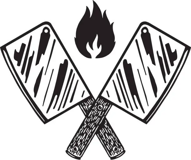 Vector illustration of Crossed Butcher Knives and Flame