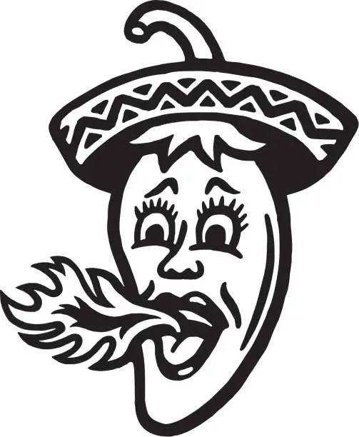 Vector illustration of Flaming Hot Pepper Character Wearing Sombrero