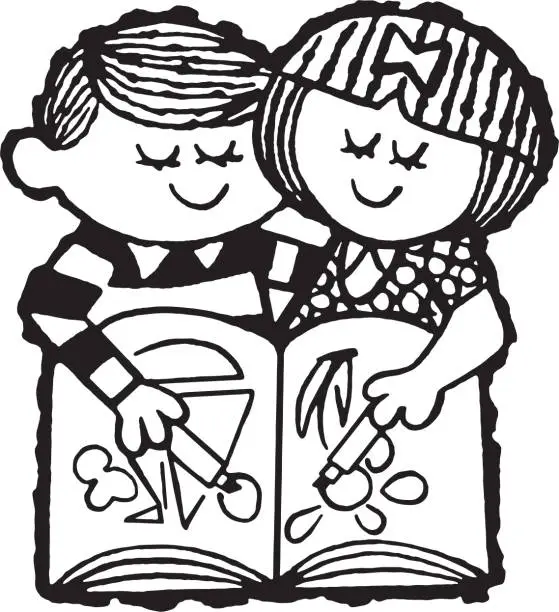 Vector illustration of Boy and Girl Coloring in a Book