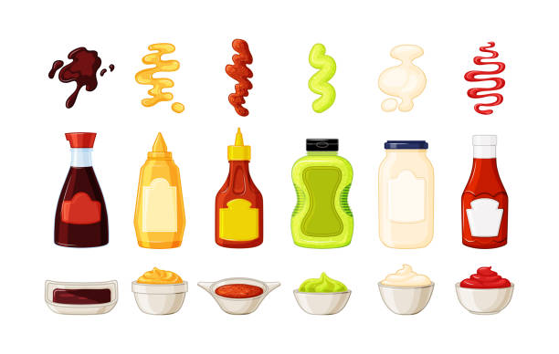 ilustraciones, imágenes clip art, dibujos animados e iconos de stock de botellas con salsas, platillos y salpicaduras de salsas sobre fondo blanco. ketchup, salsa de soja, mostaza, mayonesa-colección. ilustración vectorial. - condimento