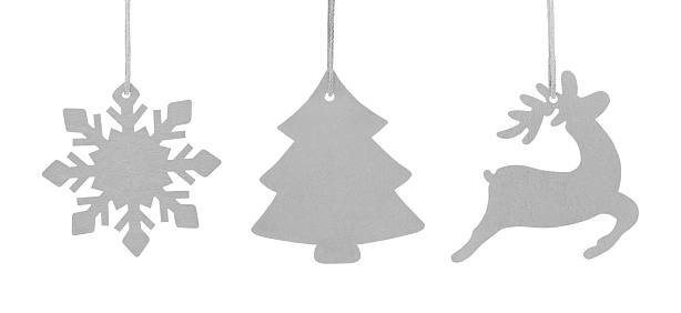 Set of grey hanging wooden ornament Christmas tree, snowflake and deer isolated on a white background.
