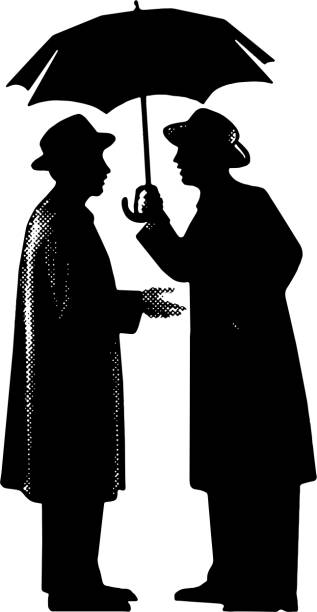 ilustrações de stock, clip art, desenhos animados e ícones de two men talking under an umbrella - umbrella men business businessman