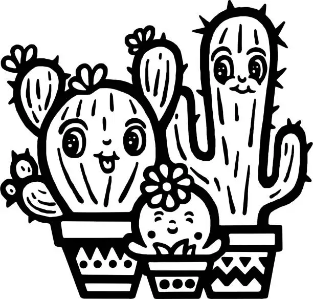 Vector illustration of Three Cacti in Pots