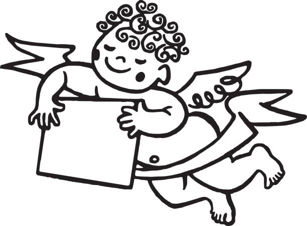 ilustrações de stock, clip art, desenhos animados e ícones de winged cherub with sign and banner - spirituality smiling black and white line art