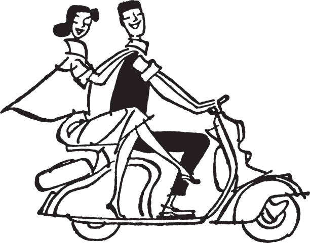 오토바이를 타고 두 사람 - moped stock illustrations