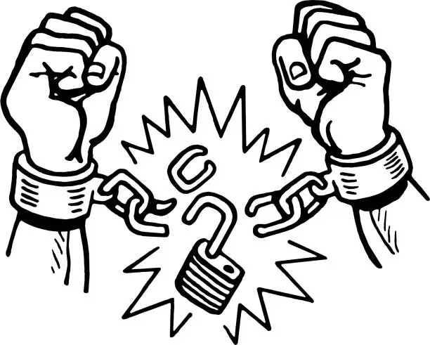 Vector illustration of Fists Breaking Apart a Padlock and Chains