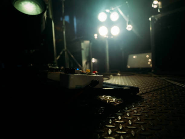 Preparation music band performing on stage in night club.
