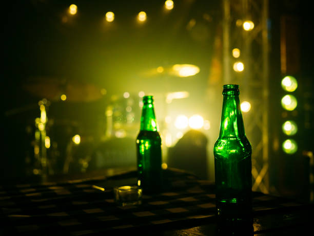 Preparation music band performing on stage in night club.
