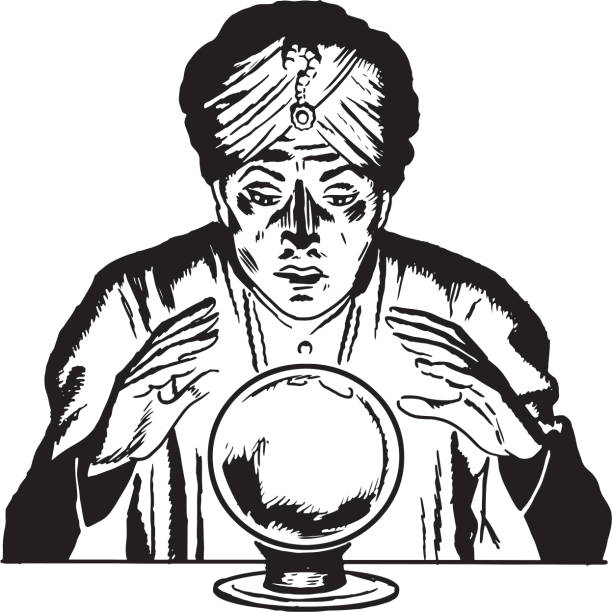 illustrazioni stock, clip art, cartoni animati e icone di tendenza di indovino che guarda in una sfera di cristallo - fortune teller immagine