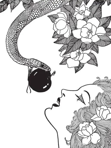 Vector illustration of Snake Tempting a Woman with an Apple