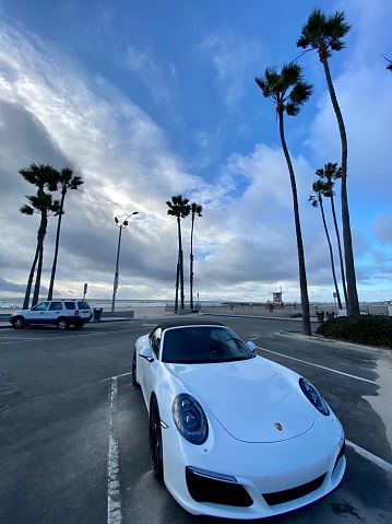 Newport Beach, Balboa Peninsula - January 09, 2020: Porsche 911 parked on the beach