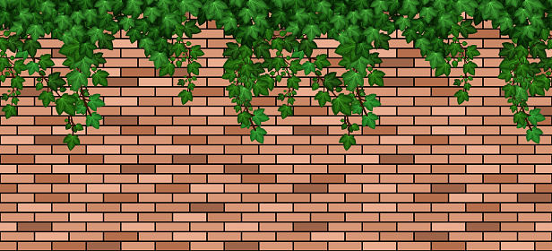 Ivy leaves on brick wall.  Summer green ivy foliage overgrown on red brick wall of building or fence. Seamless pattern, repeat texture, cartoon background. Vector illustration.
