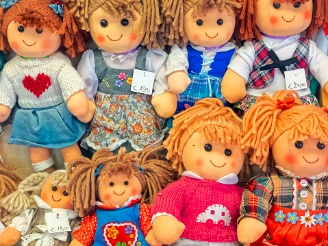 Rag dolls on display at a  market in the mountainous countryside of Trentino-South Tyrol and the Dolomites in Italy