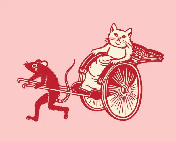 Vector illustration of Mouse Pulling a Rickshaw with a Cat