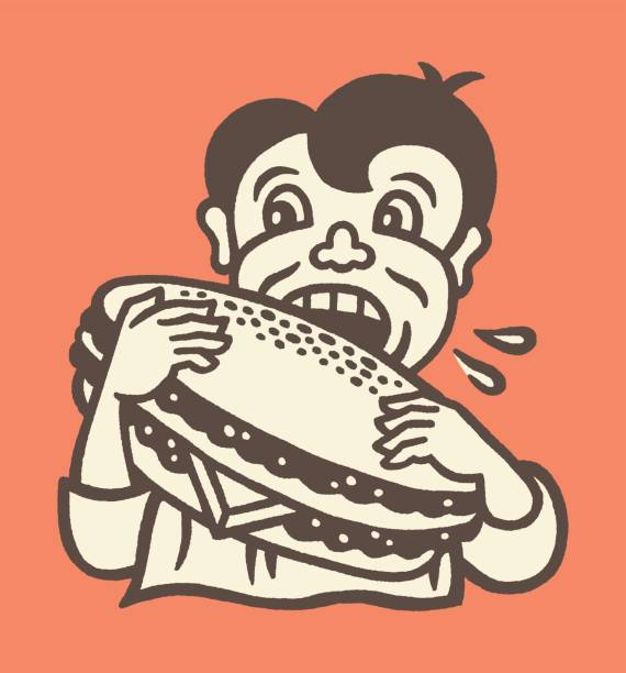 ilustrações de stock, clip art, desenhos animados e ícones de man eating a hamburger - burger sandwich hamburger eating