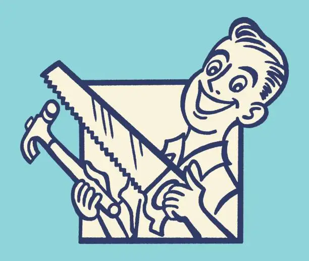 Vector illustration of Handyman with Hammer and Saw