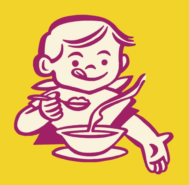 junge essen suppe - oatmeal porridge heat cereal stock-grafiken, -clipart, -cartoons und -symbole