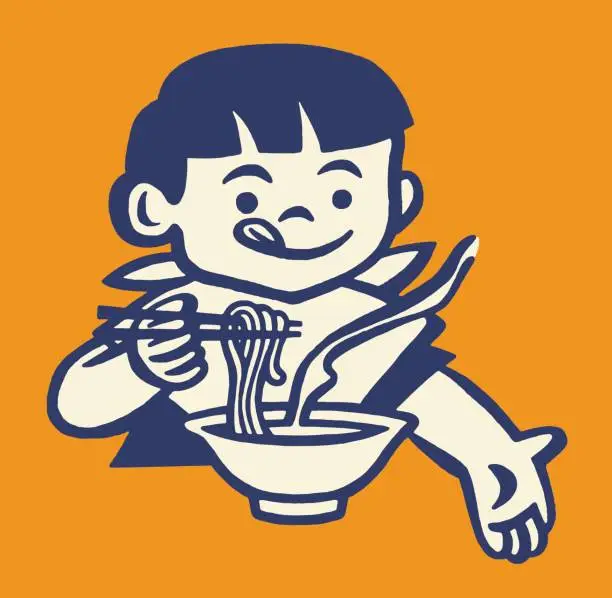 Vector illustration of Boy Eating Noodles