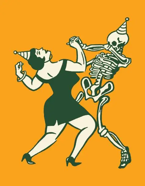 Vector illustration of Woman Dancing with a Skeleton
