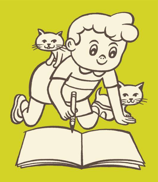 ilustraciones, imágenes clip art, dibujos animados e iconos de stock de niño escribiendo en un cuaderno - green background color image people animal
