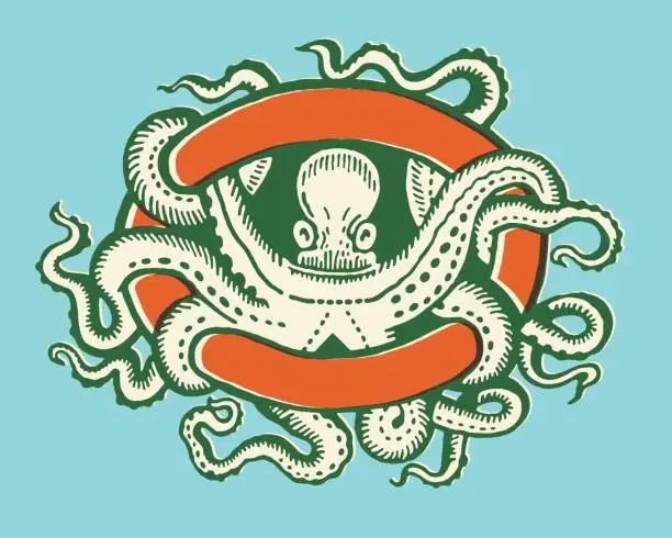 Vector illustration of Octopus Entwined in a Banner