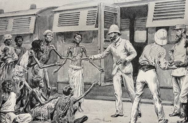 India famine, train passengers give bread to the poor Illustration from 19th century. india train stock illustrations
