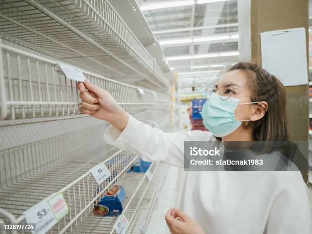 Young Woman In Medical Mask Shopping During Empty Shelf Stock Photo - Download Image Now