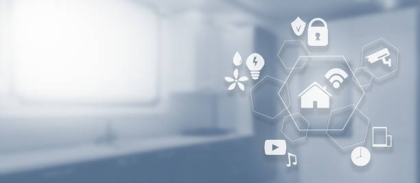 istock Smart home technology concept. Touch screen display of modern house control unit. Great design for wireless home automation systems concept. 1328197831