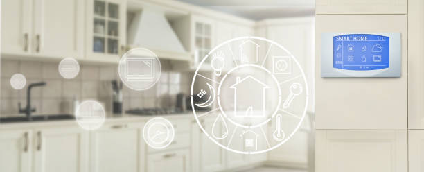 istock Smart home technology concept banner. Touch screen display of modern house control unit. Great design for wireless home automation systems concept. 1328197834