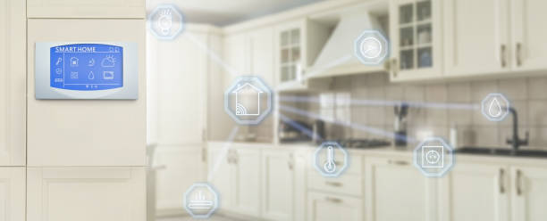 istock Smart home technology concept banner. Touch screen display of modern house control unit. Great design for wireless home automation systems concept. 1328197846