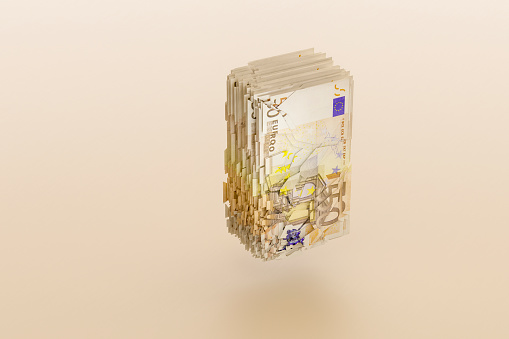 Broken stack of Euro banknotes, 3D generated image.