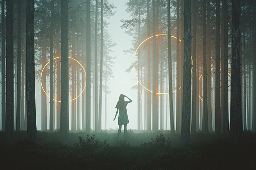 Woman looking at mysterious rings in the forest at night, 3D generated image.