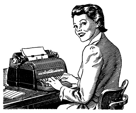 Woman Typing on Typewriter at Desk