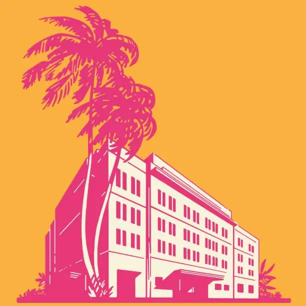 Vector illustration of Hotel and Palm Trees